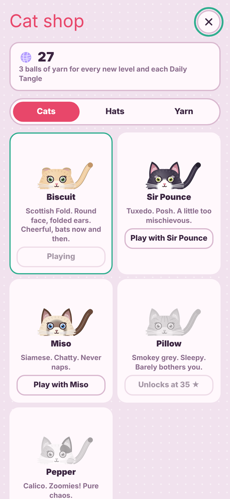 The cat shop showing Biscuit, Sir Pounce, Miso and Pillow