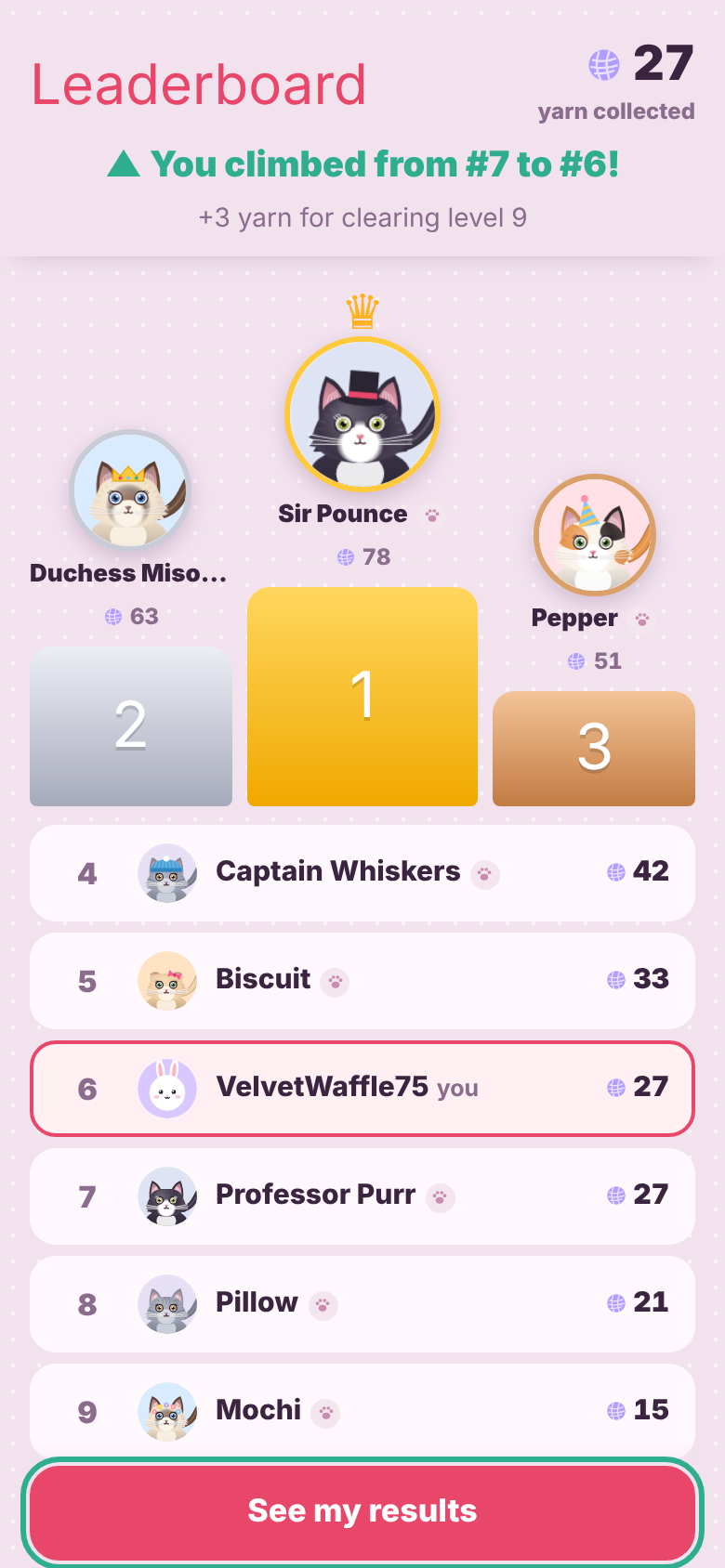 The leaderboard podium with the top three players and a list below